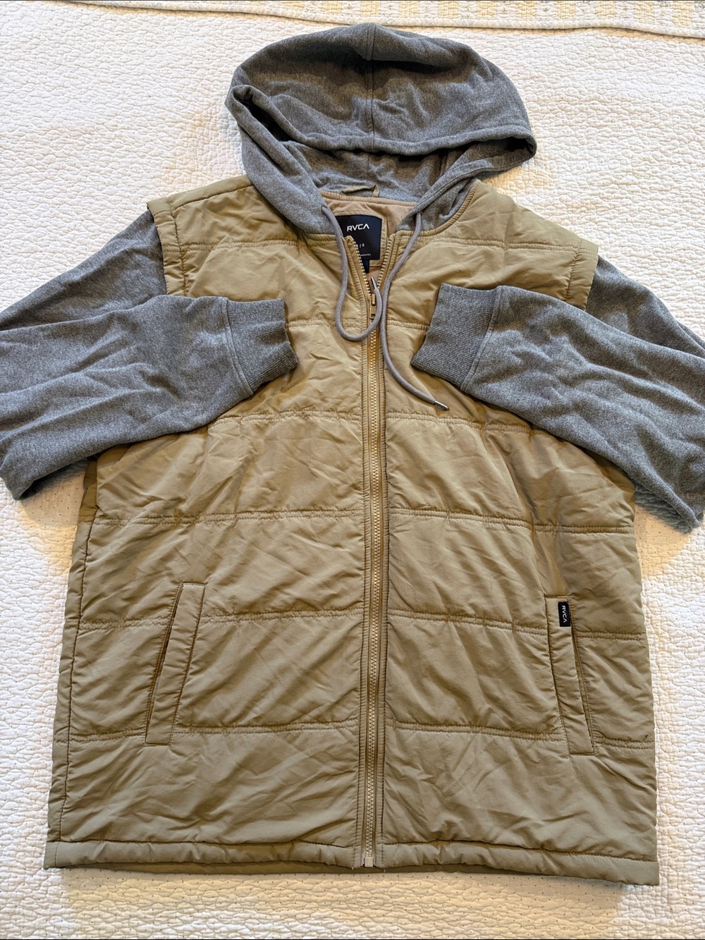 RVCA Two-Tone Hooded Puffer Jacket in Olive/Tan and Gray